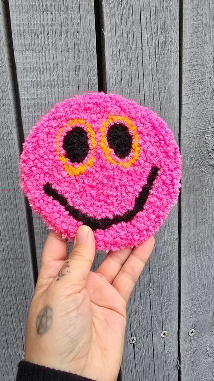 Medium Neon Pink Smiley Face Punch Needle Mug Rug Coaster or Office Mouse Mat