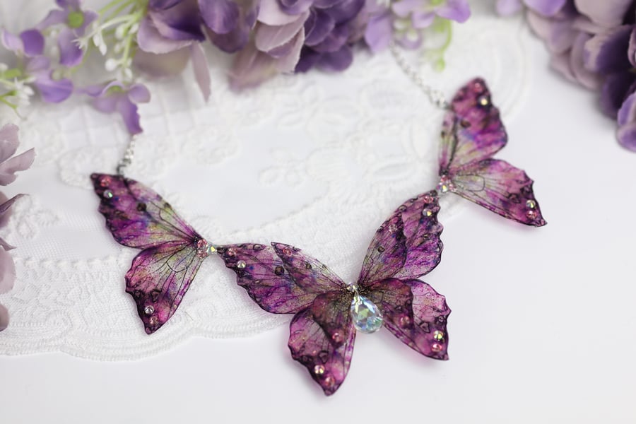 Fairy Wing Necklace Statement Collar Pink Fantasy Fairycore Cottagecore Gift