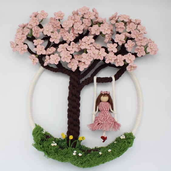  Cherry Blossom macrame, girl on a swing macrame, macrame tree