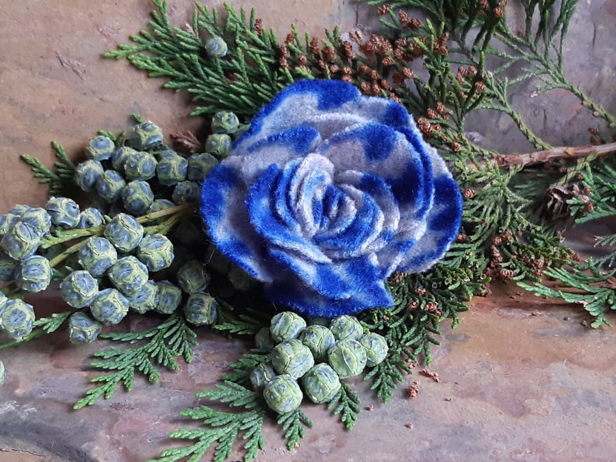 Upcycled brooch, blue and grey hand dyed felt rose or flower pin