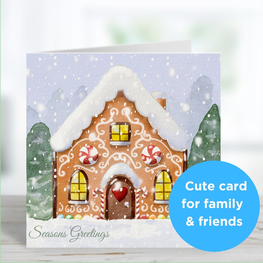 Gingerbread House in the Snow Christmas Card with Optional Personalisation