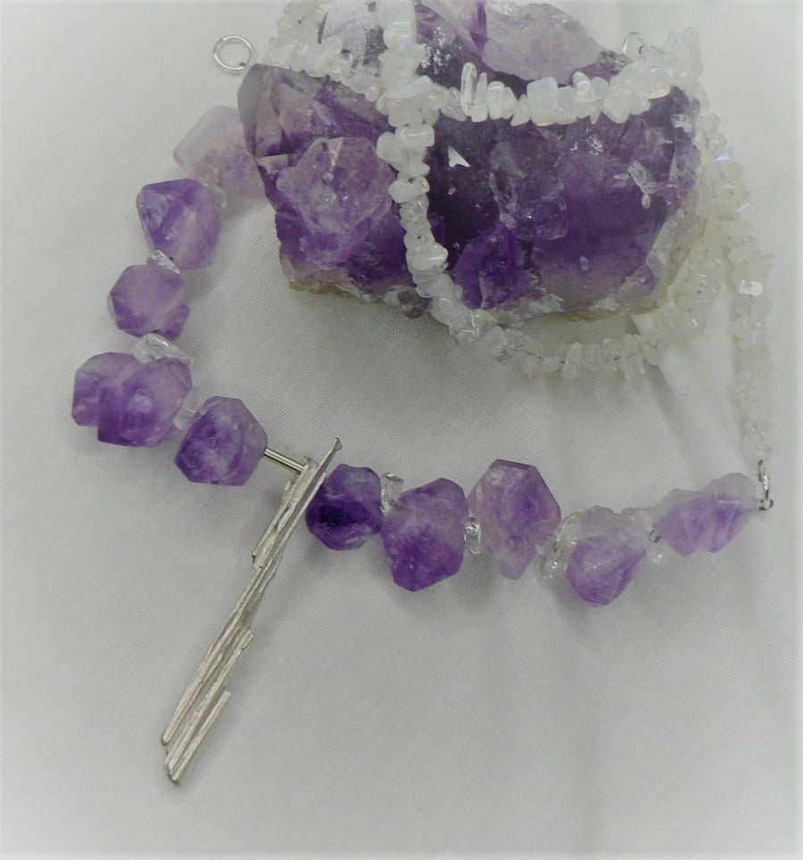 Necklace of amethyst & moonstone, sterling silver cast centre, free delivery