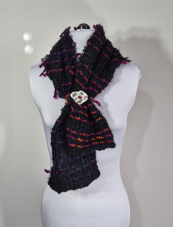 Handwoven Black Short Scarf with Pink Contrasting Stripes with Scarf Ring. .