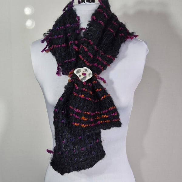 Black Scarfette with Pink Contrasting Stripes .