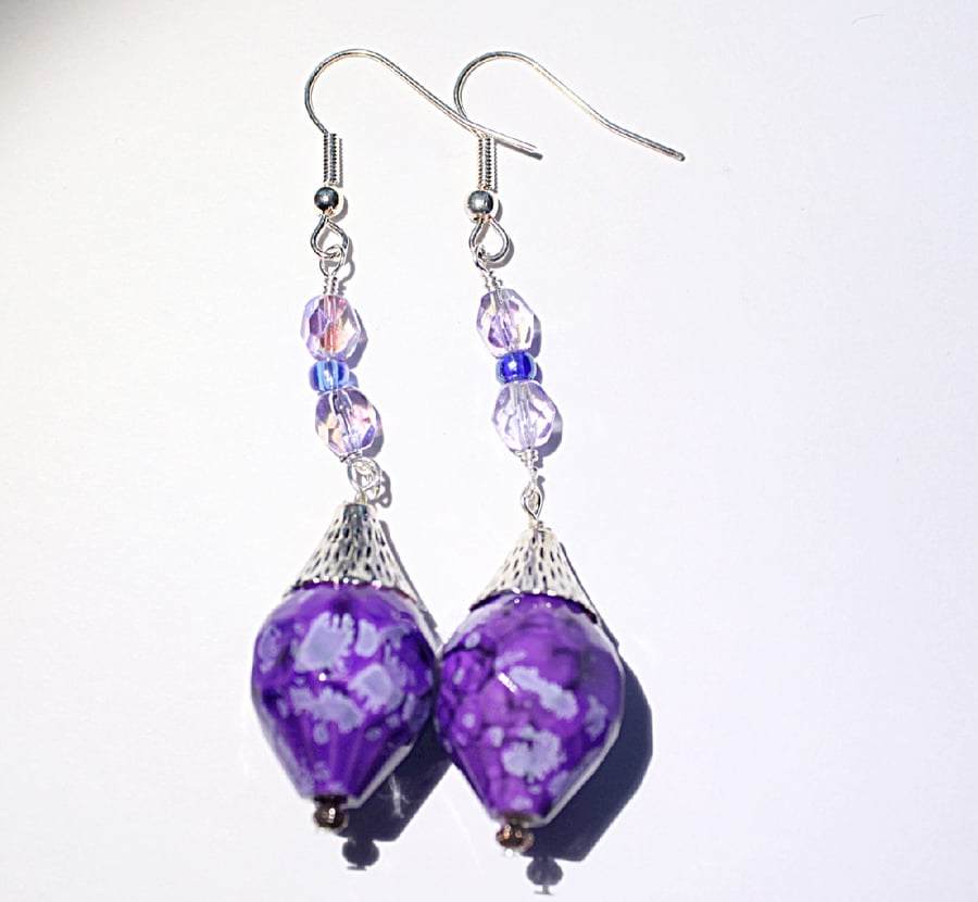 Purple and blue beaded dangle earrings, Statement earrings