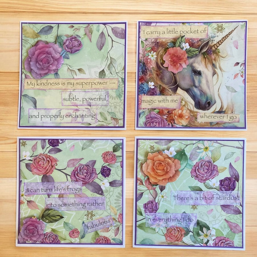 Set of Four Handmade Magical Unicorn Positivity Greetings Cards
