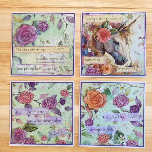 Set of Four Handmade Magical Unicorn Positivity Greetings Cards