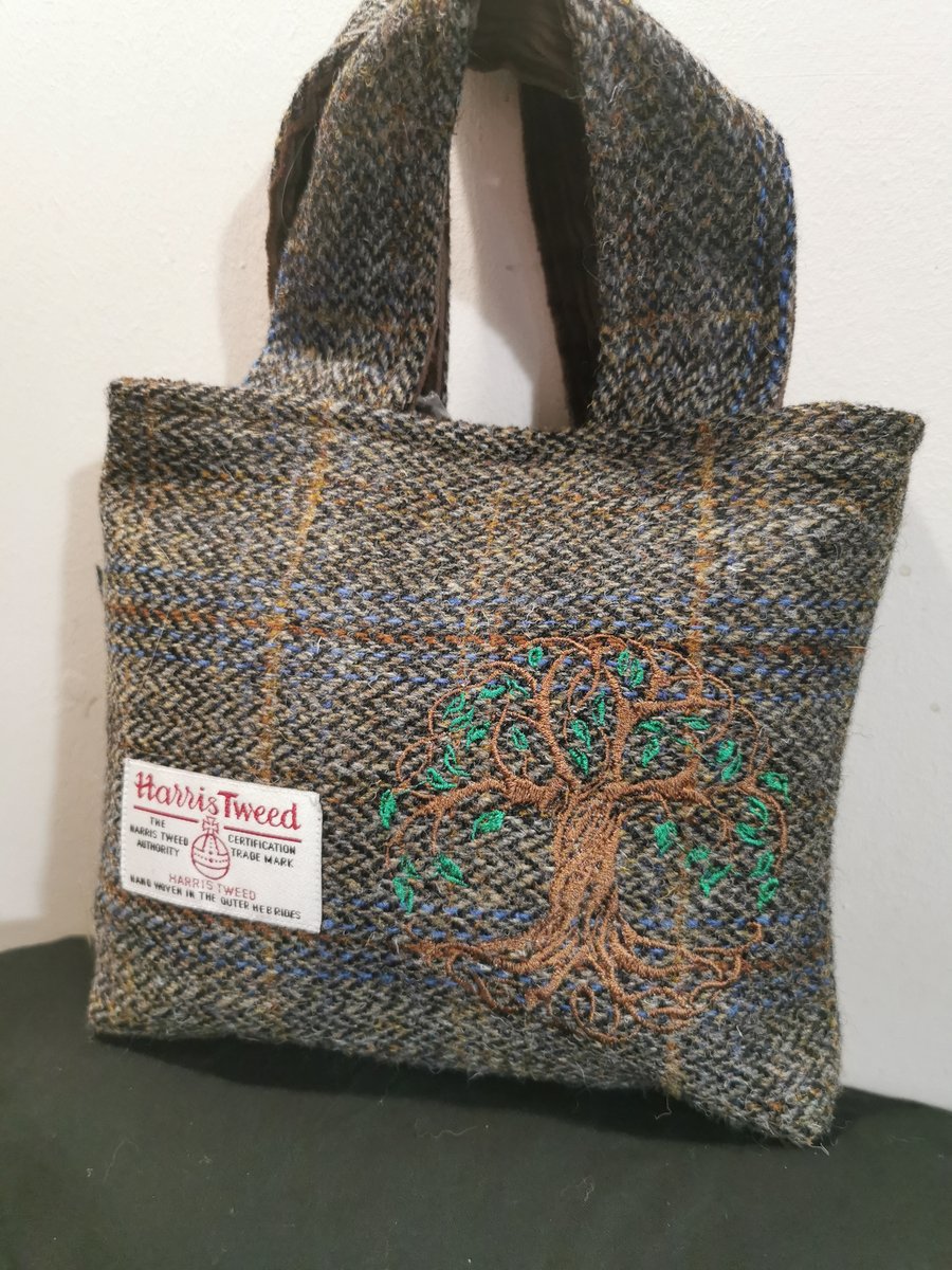 Harris Tweed Bag with embroidered tree if life