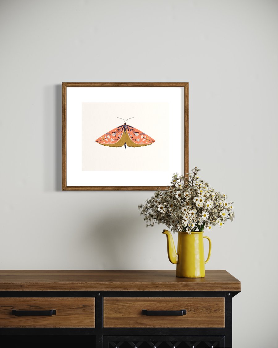 Coral Pink Moth Illustration Art Print, Moth Wall Art, A4 Art Print 