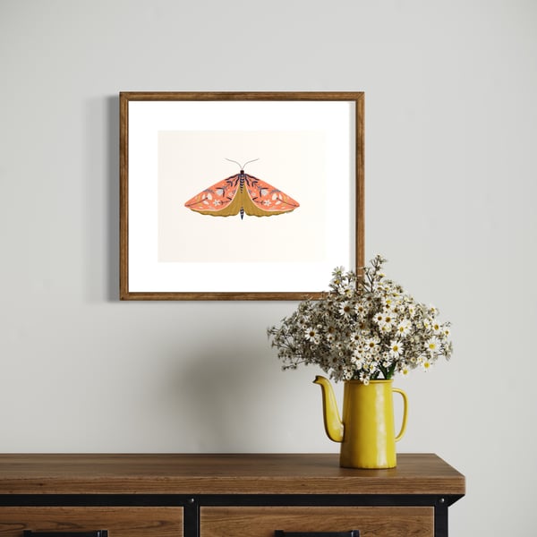 Coral Pink Botanical Floral Moth Illustrated Art Print