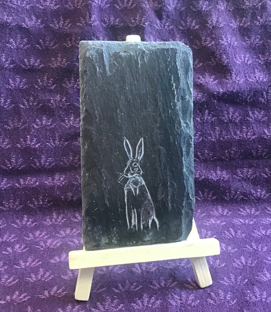 Hare sitting tall  - original art hand carved on slate