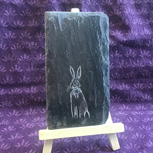 Hare sitting tall  - original art hand carved on slate