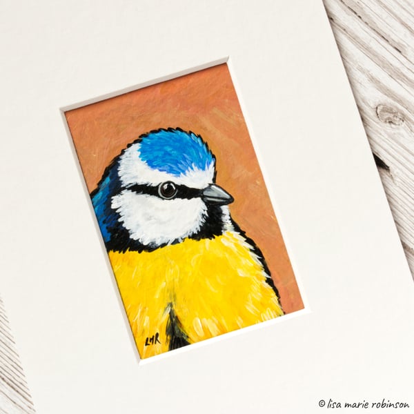 Blue Tit Garden Bird Original Painting - Mini Artwork 55mm x 84mm