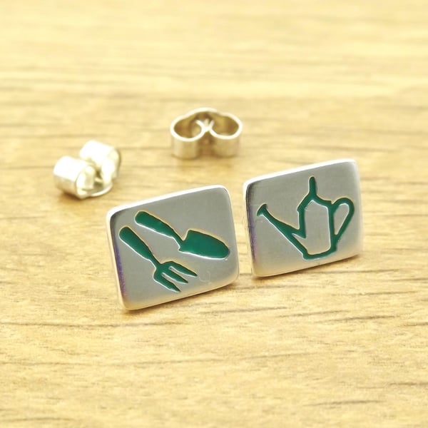 Gardening themed stud earrings, handmade from sterling silver