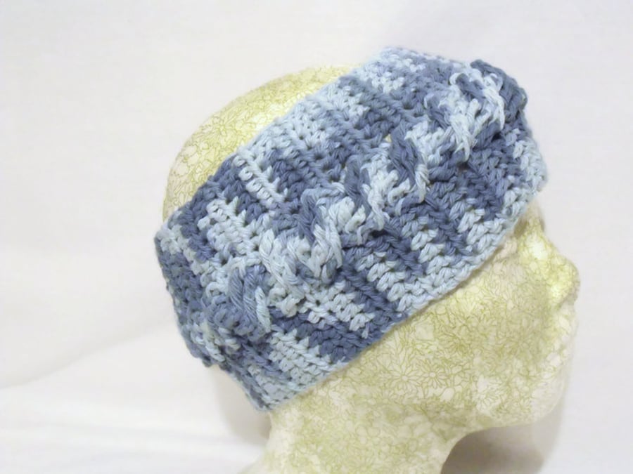 blue cotton crocheted ear warmers, crochet cable headband