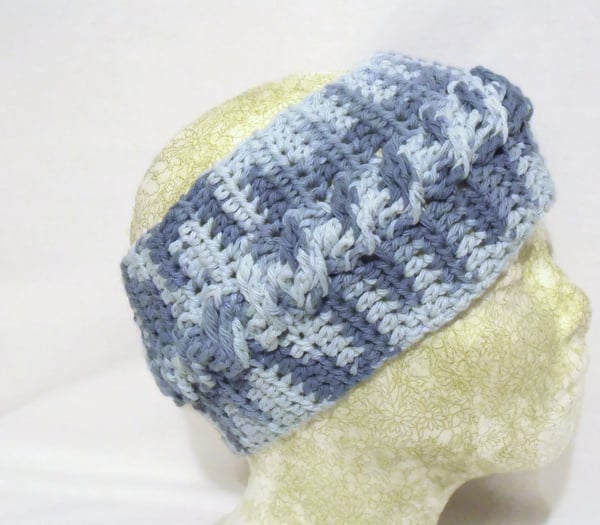 blue cotton crocheted ear warmers, crochet cable headband