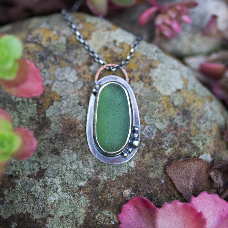 Green Sea Glass and Recycled Sterling Silver Rockpool Pendant