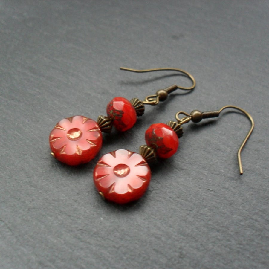 Red Czech Glass Drop Earrings Flower Earrings