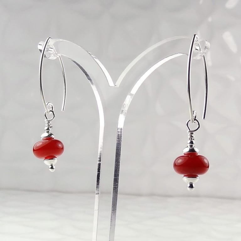 Red lampwork glass drop earrings, sterling silver, handcrafted