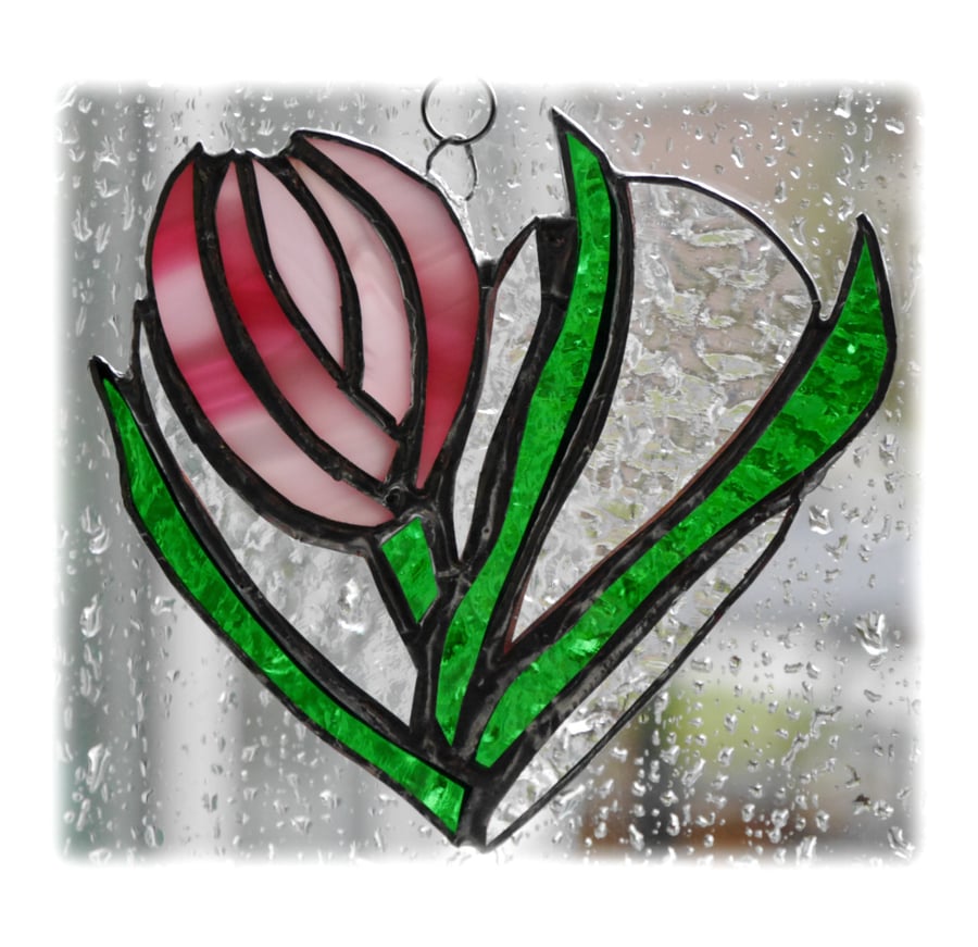 Tulip Heart Suncatcher Stained Glass Pink