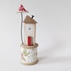 Little House on a Vintage Wood Bobbin with Clay Toadstool