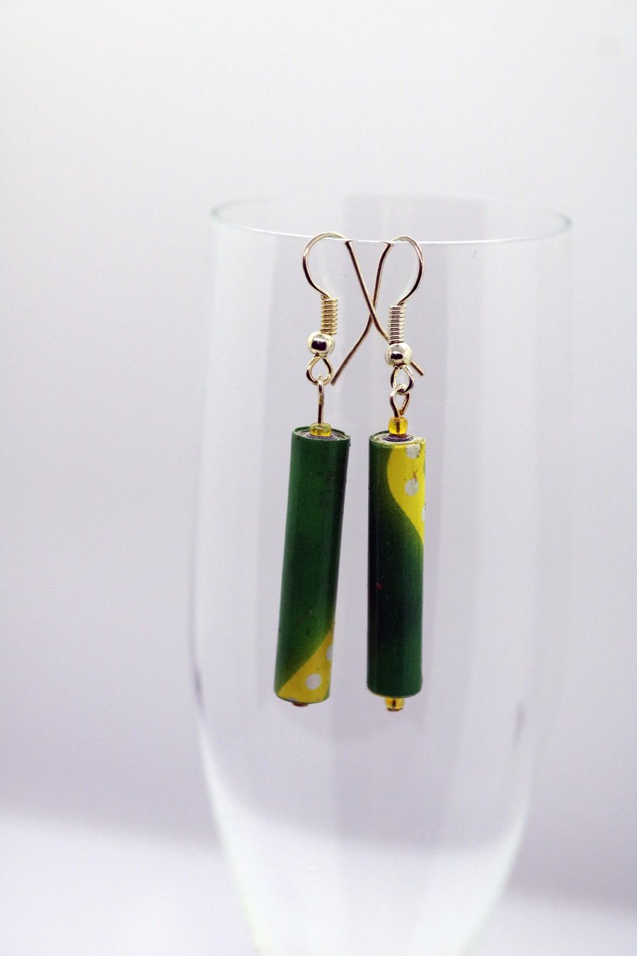 Long thin yellow and green paper beaded earrings