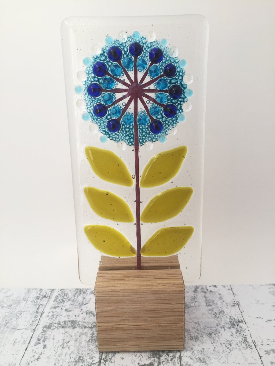 Fused Glass Flower on Oak 3
