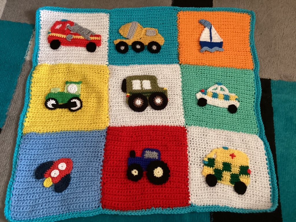 New hand crochet baby toddler colourful blanket with transport applique 21" x21"
