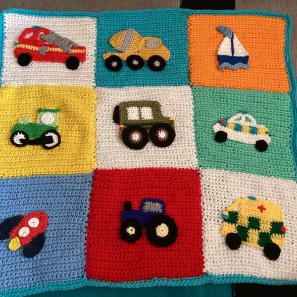 New hand crochet baby toddler colourful blanket with transport applique 21" x21"