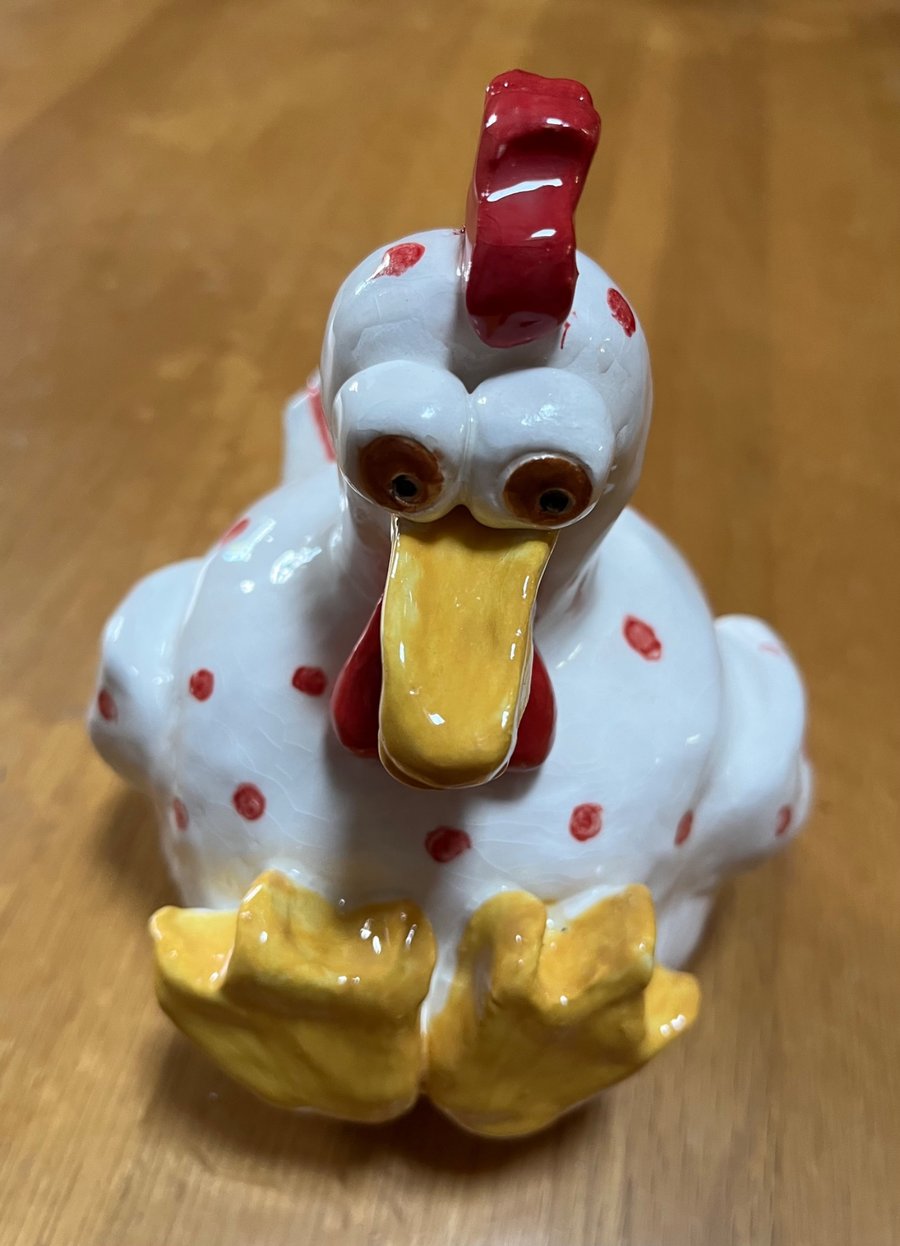 Quirky Handmade Ceramic Chicken – Spotted Handbuilt Pottery Hen