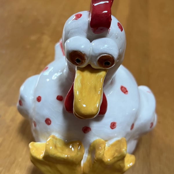 Quirky Handmade Ceramic Chicken – Spotted Handbuilt Pottery Hen
