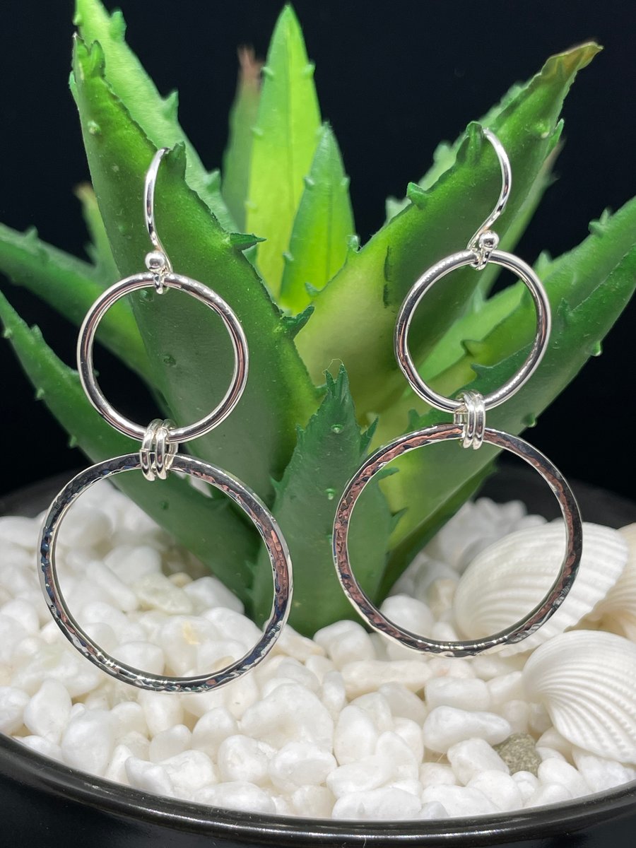 Handcrafted, Hammered circle sterling silver drop earrings