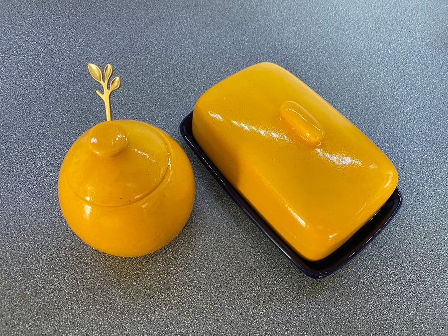 Butter Dish with Matching Sugar Bowl and Spoon, Yellow Speckle Glaze