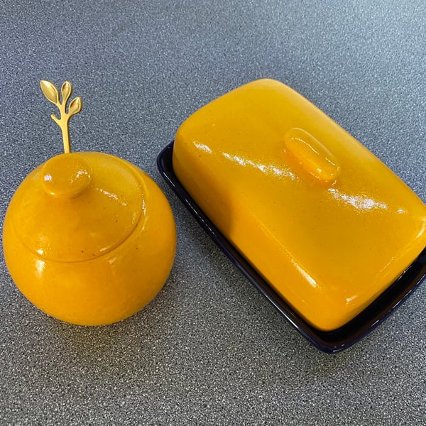 Butter Dish with Matching Sugar Bowl and Spoon, Yellow Speckle Glaze