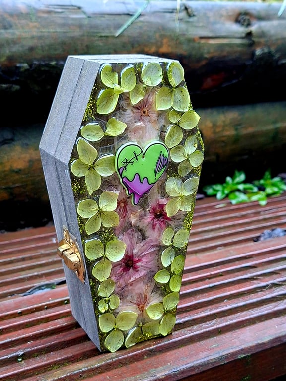 Wooden Coffin Trinket Jewellery Box gothic skeleton zombie pink green floral 