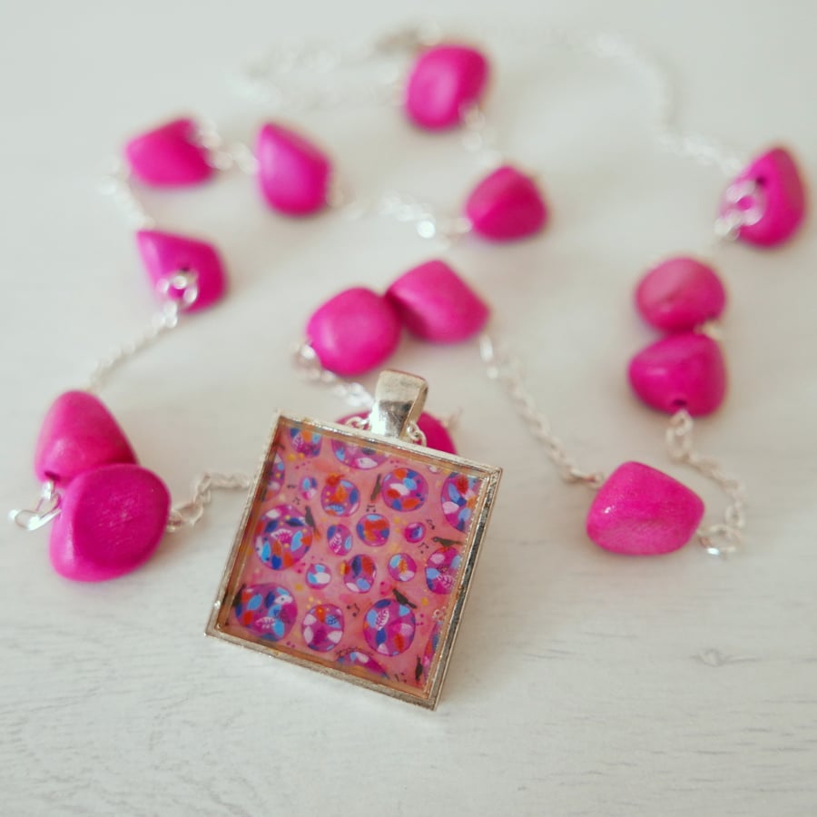 Pink Pendant Necklace with Art Print and Wood Beads