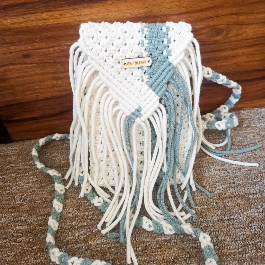 Crossbody Phone Bag, Macrame Handbag, Adjustable Strap - White & laurel green