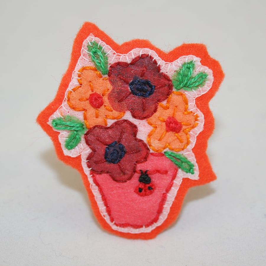 SALE Ladybird Orange Potted Plant Brooch - painted and stitched