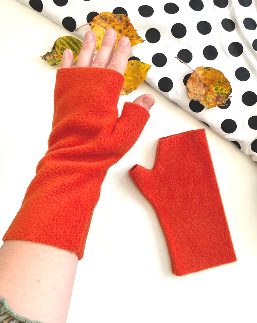 Burnt orange fingerless soft fleece autumn gloves Warm everyday winter mitts 