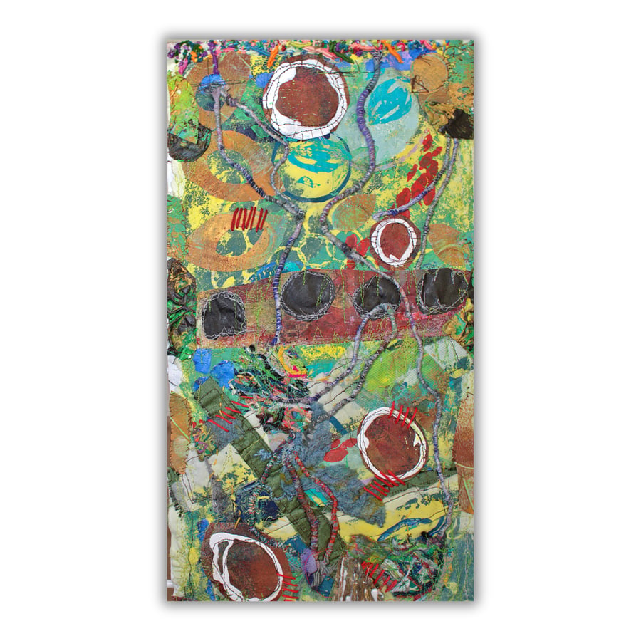 Abstract textile wall hanging - ready to hang - nature study - upcycled fabric