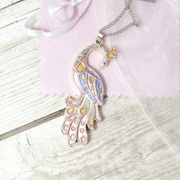 Pink peacock pendant with gold and lilac highlights