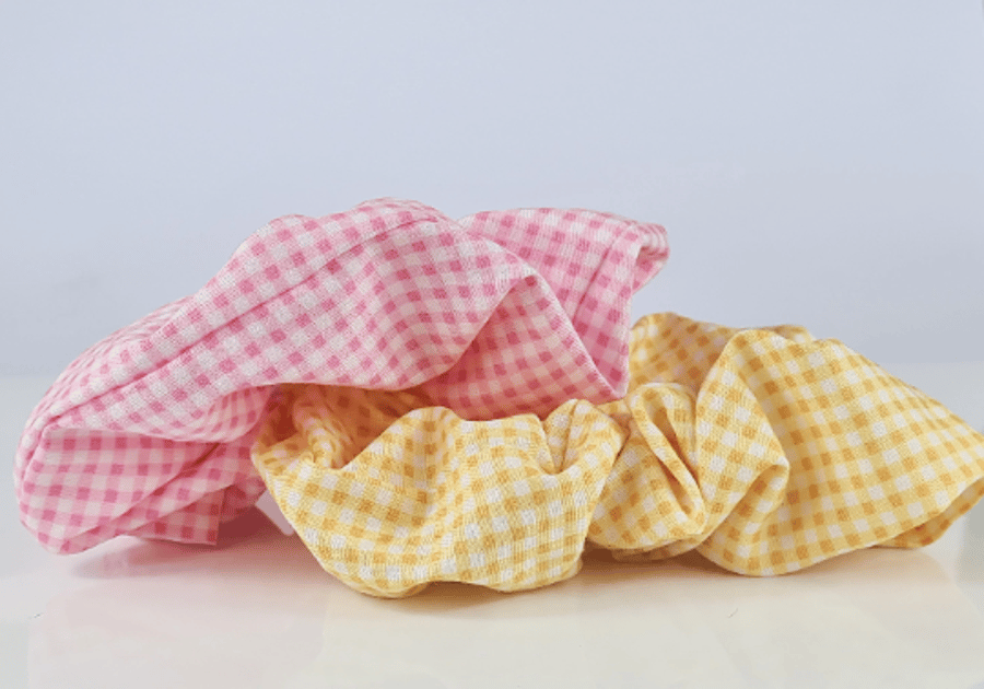 Set Of 2 Gingham Scrunchies, Yellow Pink XL Large Fluffy Scrunchie, Girly Hair