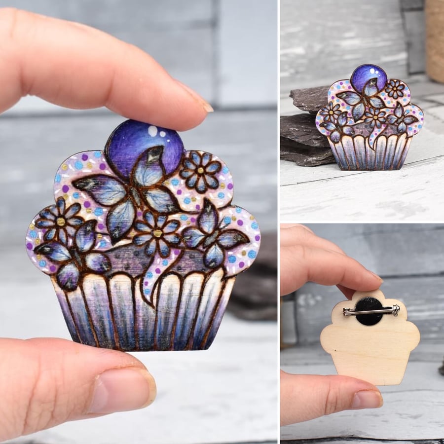 Butterfly cupcake brooch hand burned using pyrography.