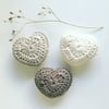 Crochet lavender hearts, set of three organic cotton hearts,