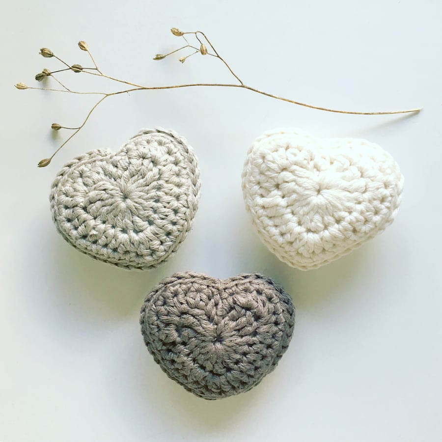 Crochet lavender hearts, set of three organic cotton hearts,