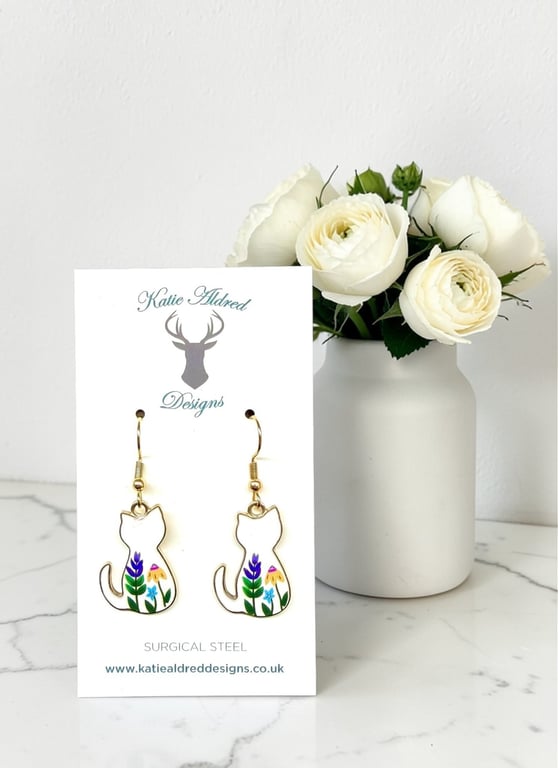 Charm Earrings - Flowers Cat 