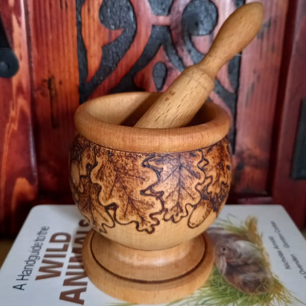 Upcycled wooden pestle & mortar decorated with pyrography oak leaves & acorns