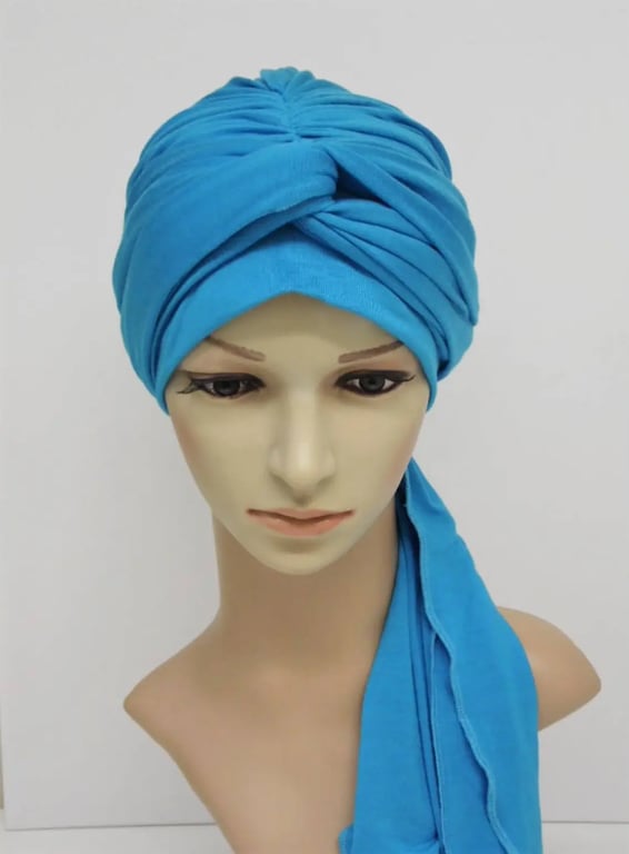 Turquoise stretchy turban with long ties, hair loss, alopecia, chemo head wear