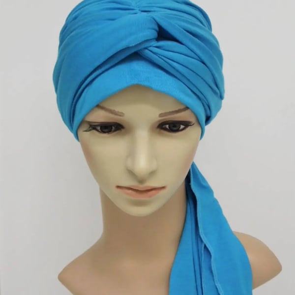 Turquoise stretchy turban with long ties, hair loss, alopecia, chemo head wear