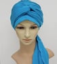 Turquoise stretchy turban with long ties, hair loss, alopecia, chemo head wear